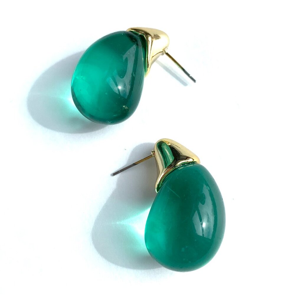 NEW ~ Anthropologie Gold Topped Green Resin Droplet Earrings